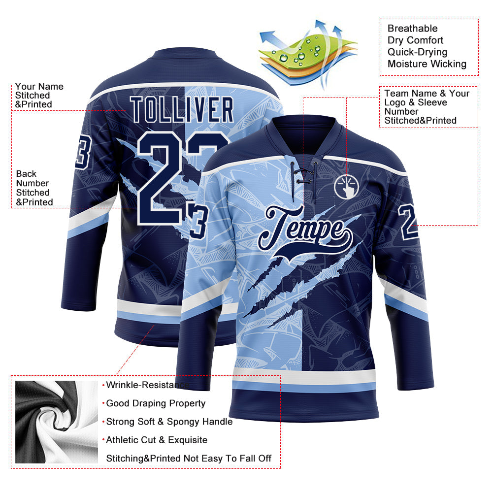 Custom Navy Light Blue-White 3D Pattern Gradient Fashion Scratch Hockey Lace Neck Jersey view 3