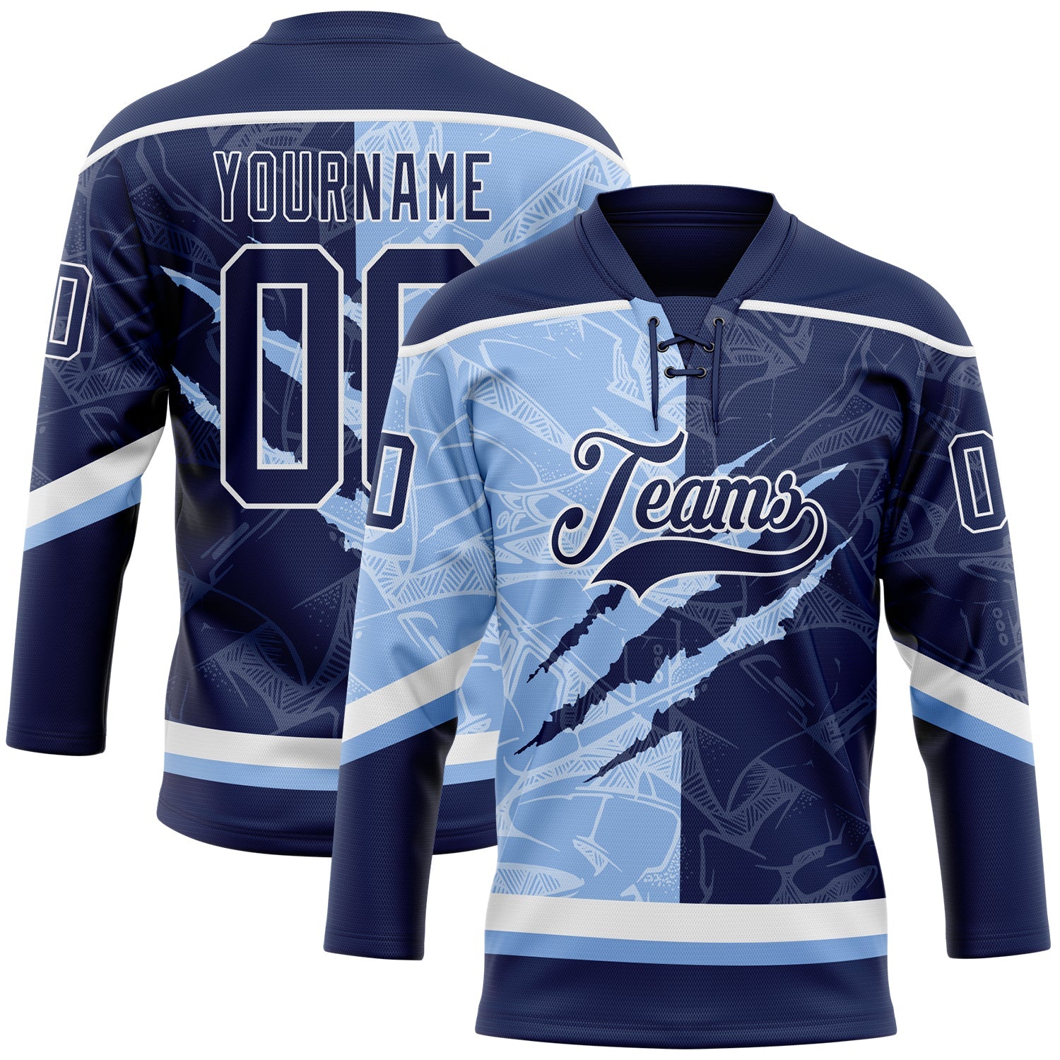 Custom Navy Light Blue-White 3D Pattern Gradient Fashion Scratch Hockey Lace Neck Jersey - Main View