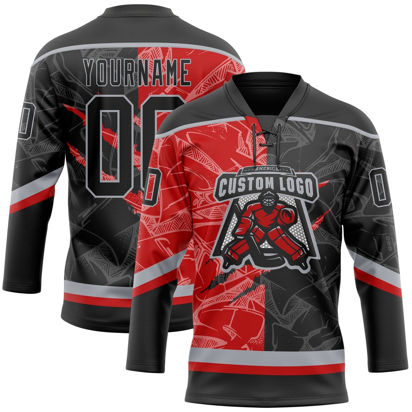 Custom Black Red-Gray 3D Pattern Gradient Fashion Scratch Hockey Lace Neck Jersey view 2