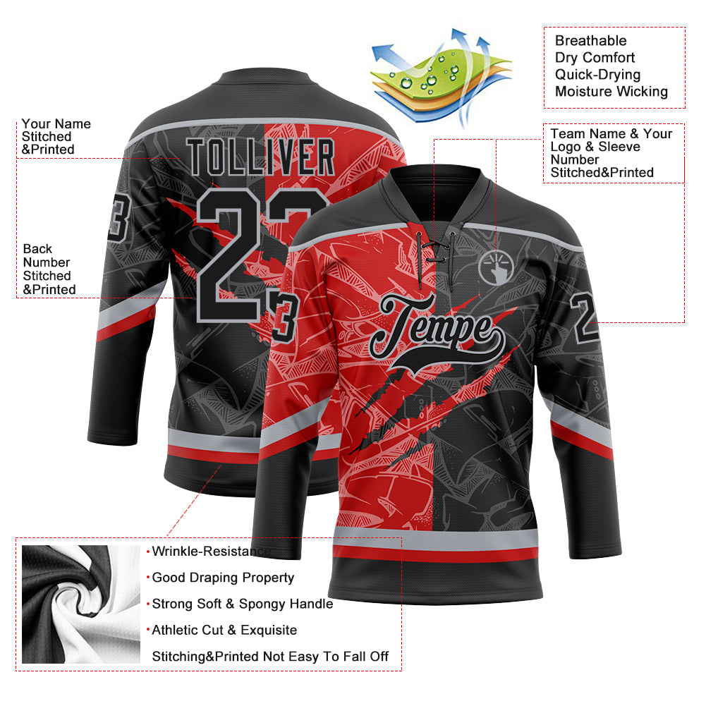 Custom Black Red-Gray 3D Pattern Gradient Fashion Scratch Hockey Lace Neck Jersey view 3