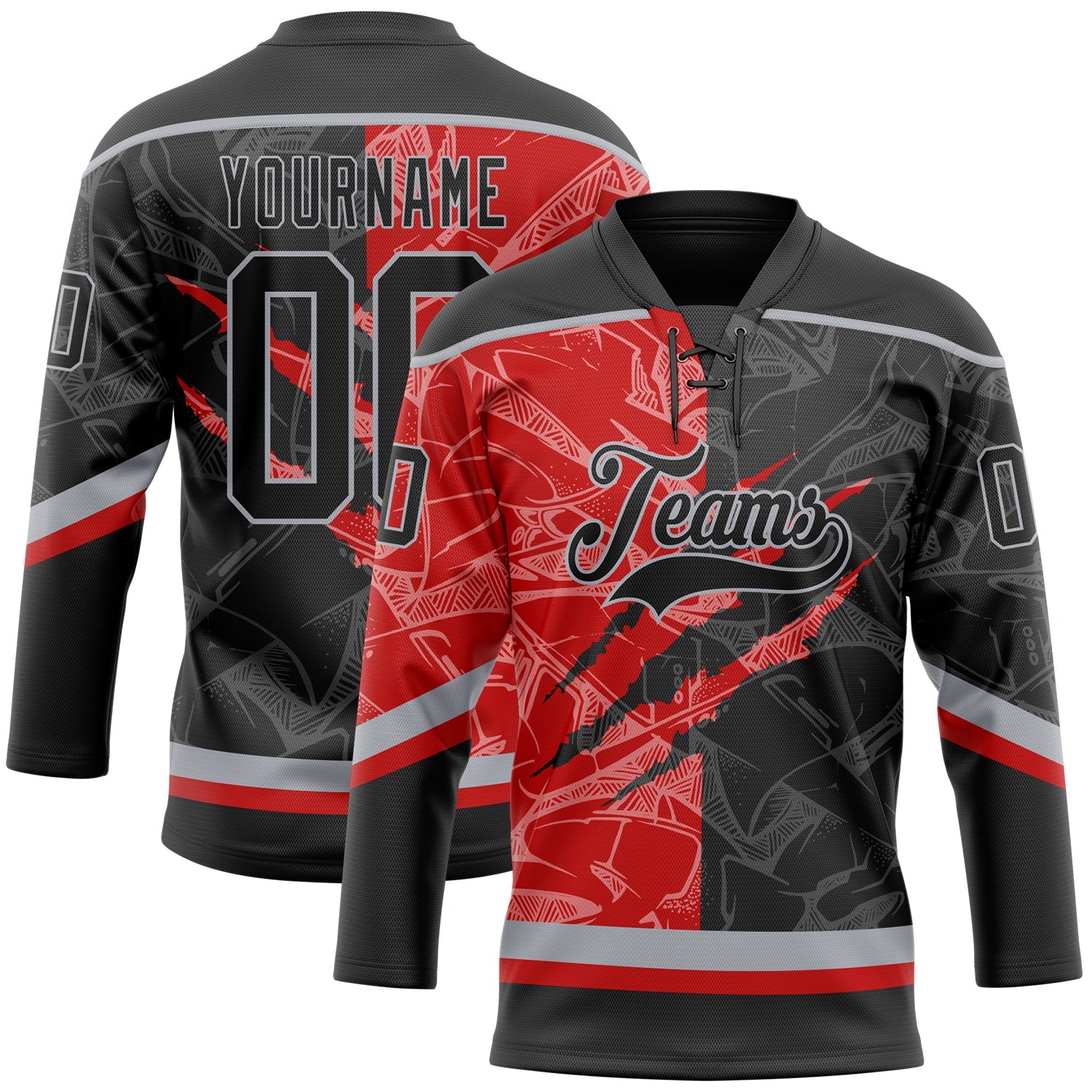Custom Black Red-Gray 3D Pattern Gradient Fashion Scratch Hockey Lace Neck Jersey - Main View