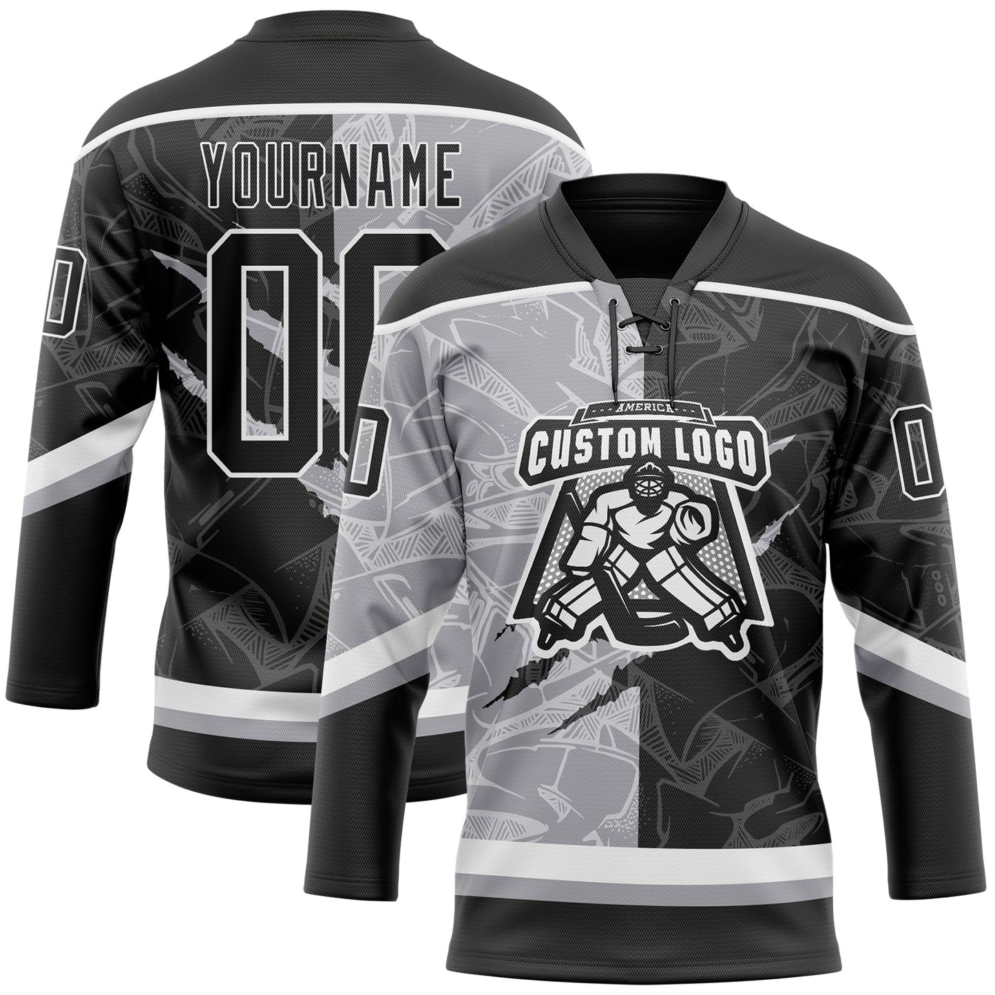 Custom Black Gray-White 3D Pattern Gradient Fashion Scratch Hockey Lace Neck Jersey view 2