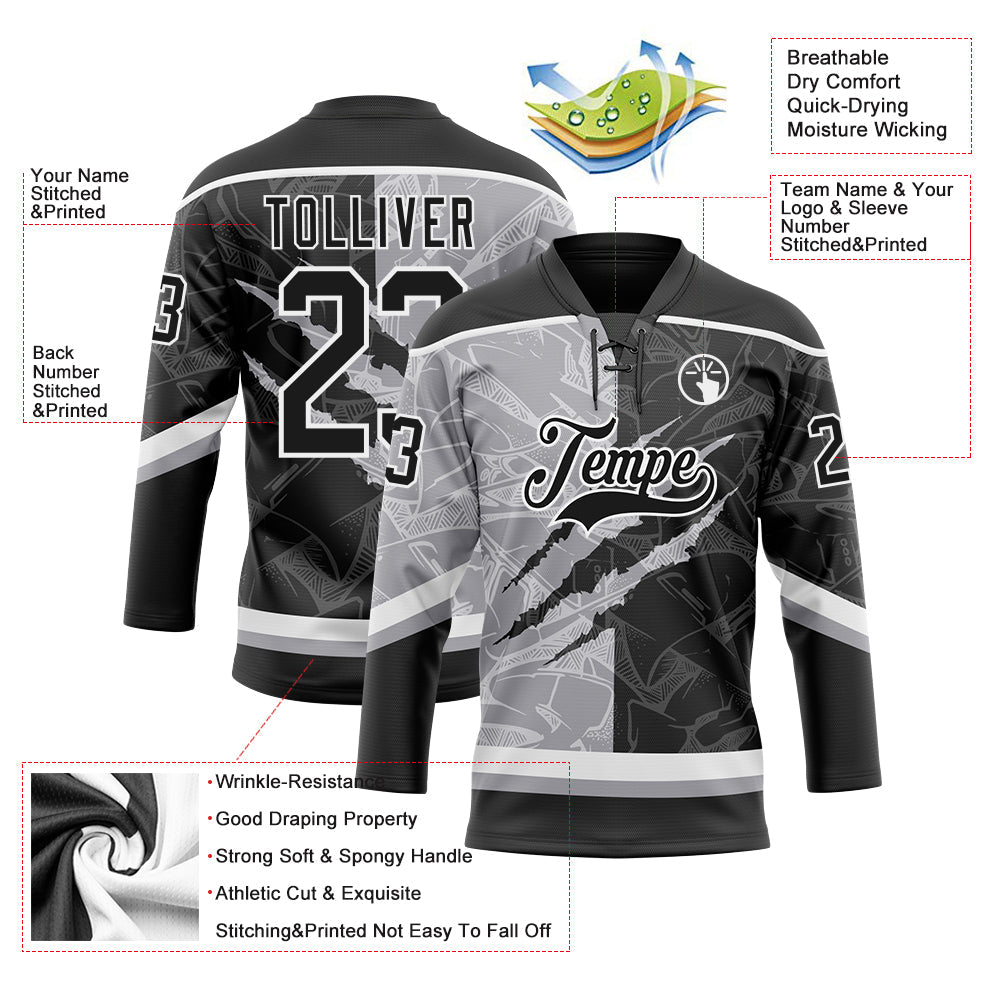 Custom Black Gray-White 3D Pattern Gradient Fashion Scratch Hockey Lace Neck Jersey view 3