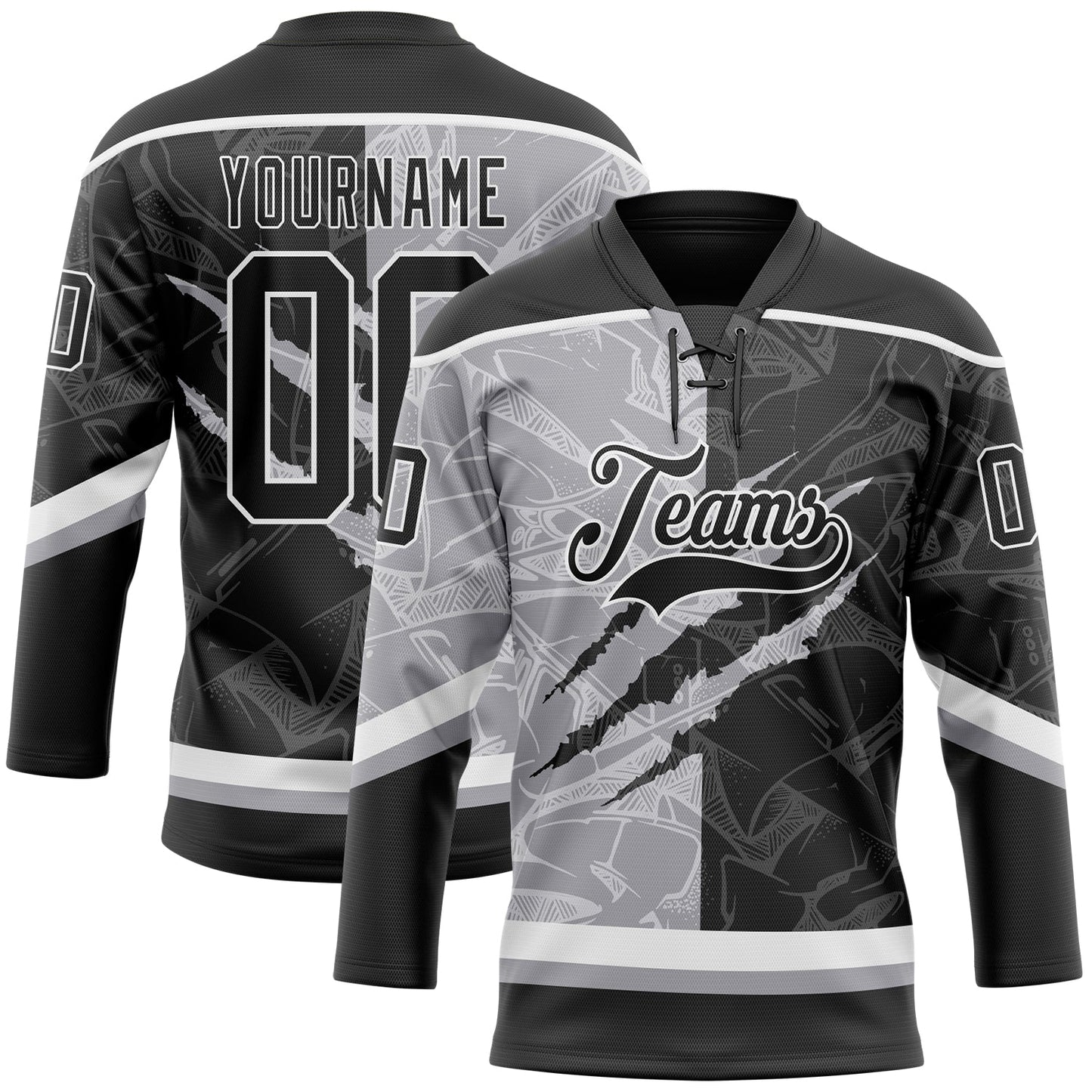 Custom Black Gray-White 3D Pattern Gradient Fashion Scratch Hockey Lace Neck Jersey - Main View
