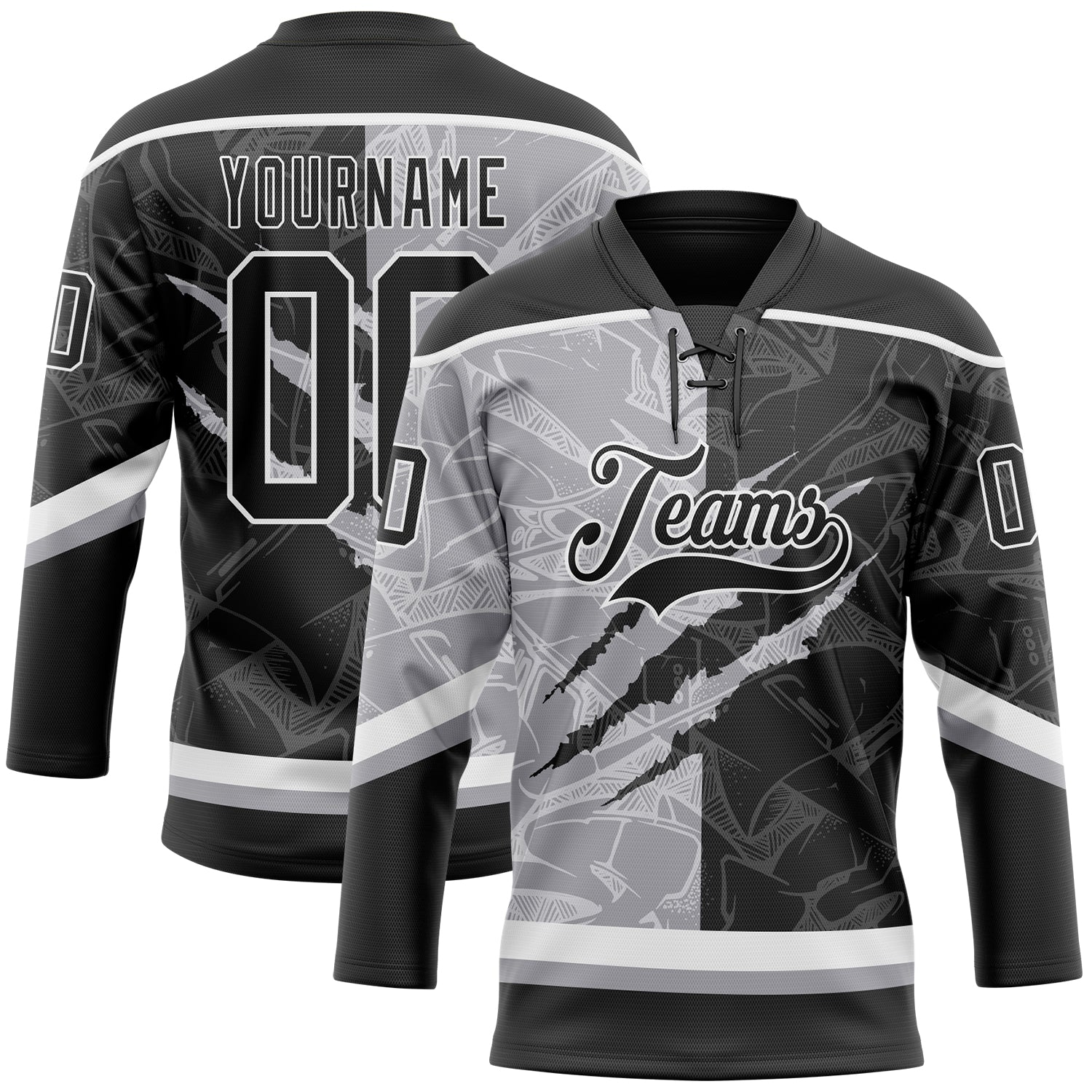 Custom Black Gray-White 3D Pattern Gradient Fashion Scratch Hockey Lace Neck Jersey - Main View