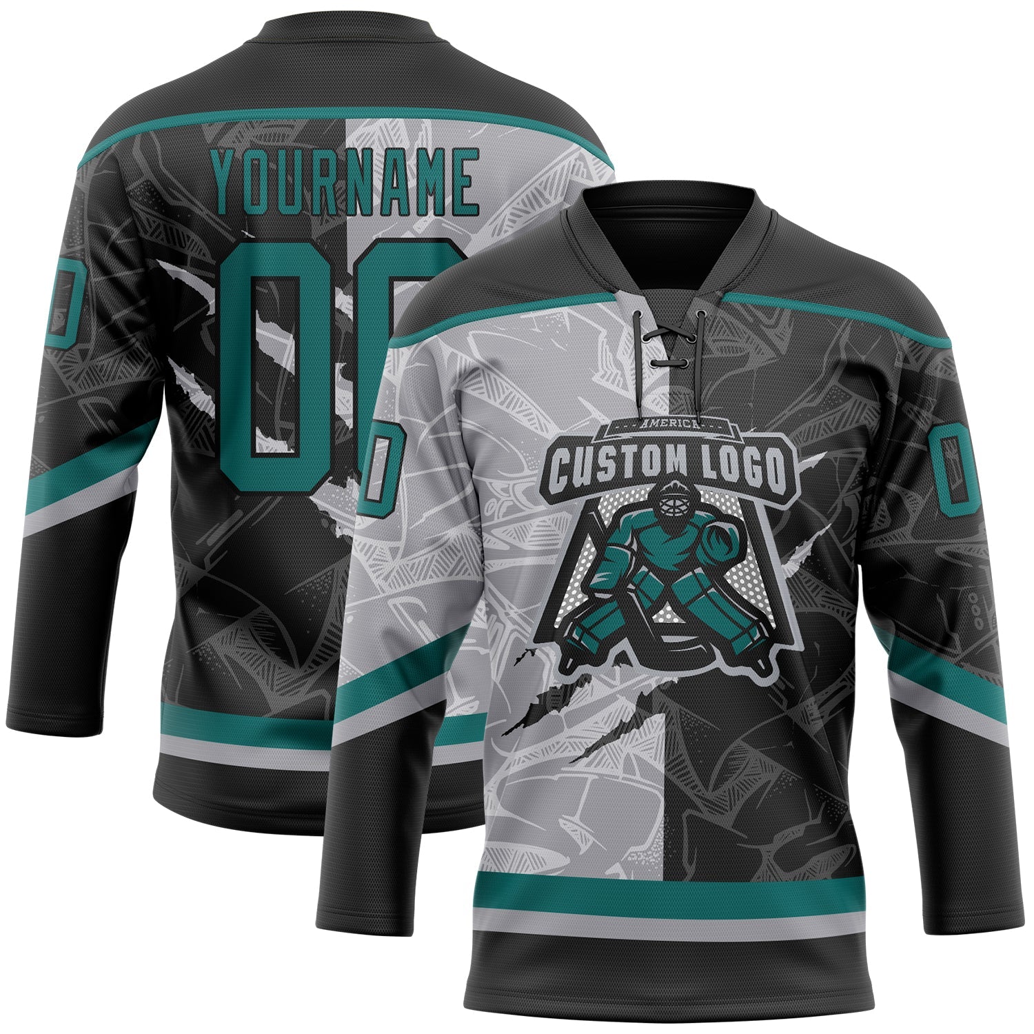 Custom Black Teal-Gray 3D Pattern Gradient Fashion Scratch Hockey Lace Neck Jersey view 2