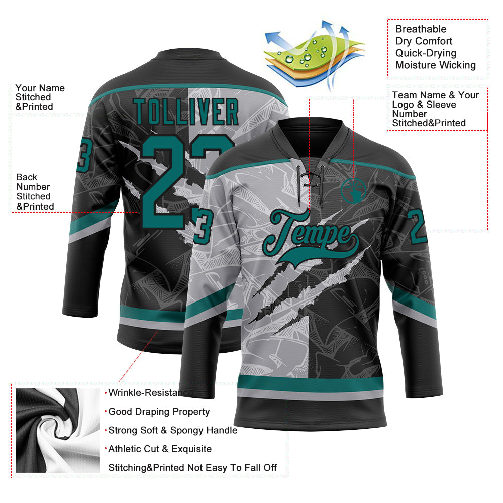 Custom Black Teal-Gray 3D Pattern Gradient Fashion Scratch Hockey Lace Neck Jersey view 3
