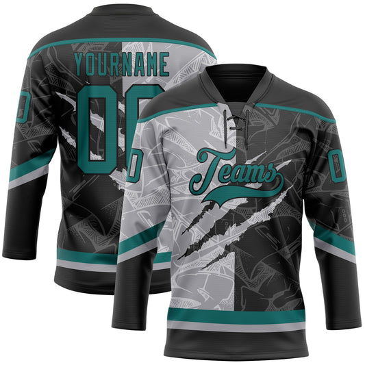 Custom Black Teal-Gray 3D Pattern Gradient Fashion Scratch Hockey Lace Neck Jersey - Main View