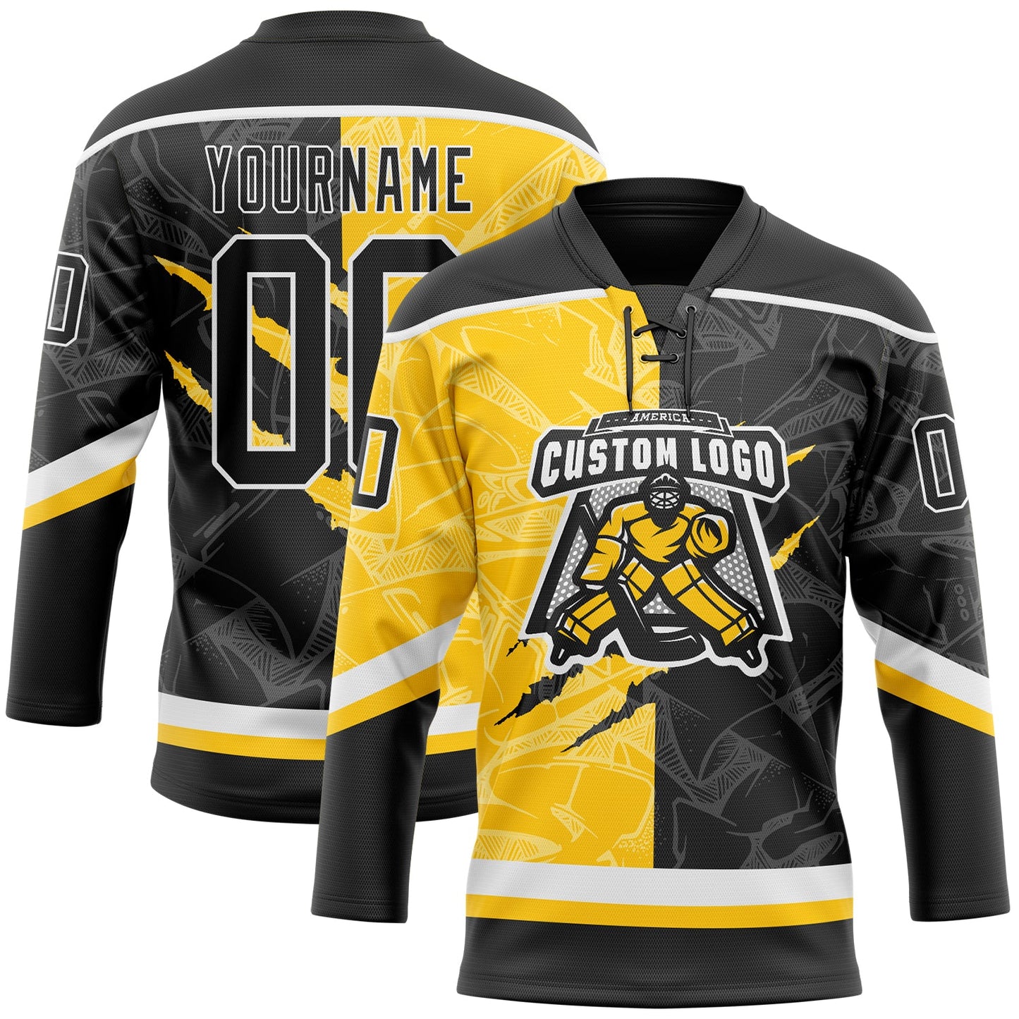 Custom Black Yellow-White 3D Pattern Gradient Fashion Scratch Hockey Lace Neck Jersey view 2