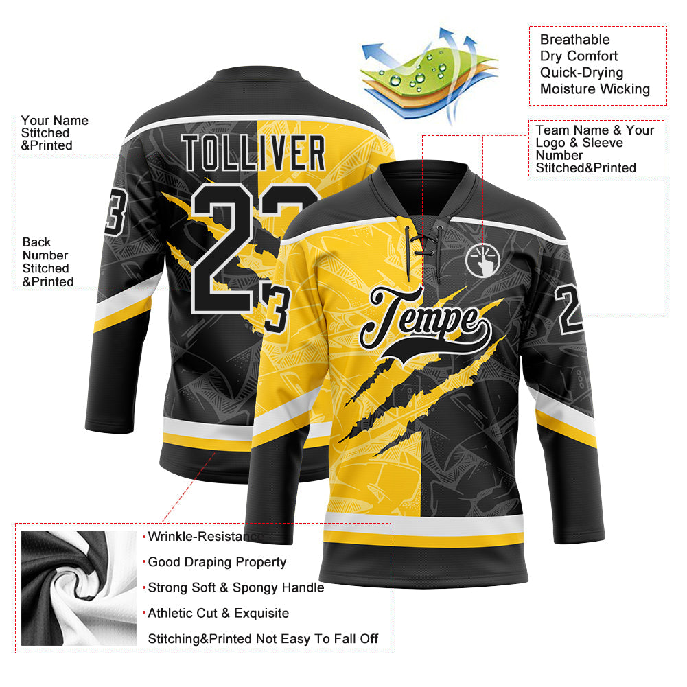 Custom Black Yellow-White 3D Pattern Gradient Fashion Scratch Hockey Lace Neck Jersey view 3