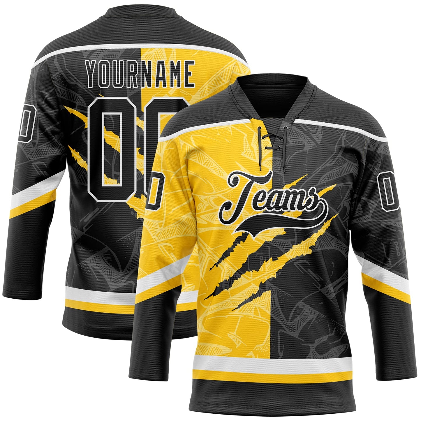 Custom Black Yellow-White 3D Pattern Gradient Fashion Scratch Hockey Lace Neck Jersey - Main View