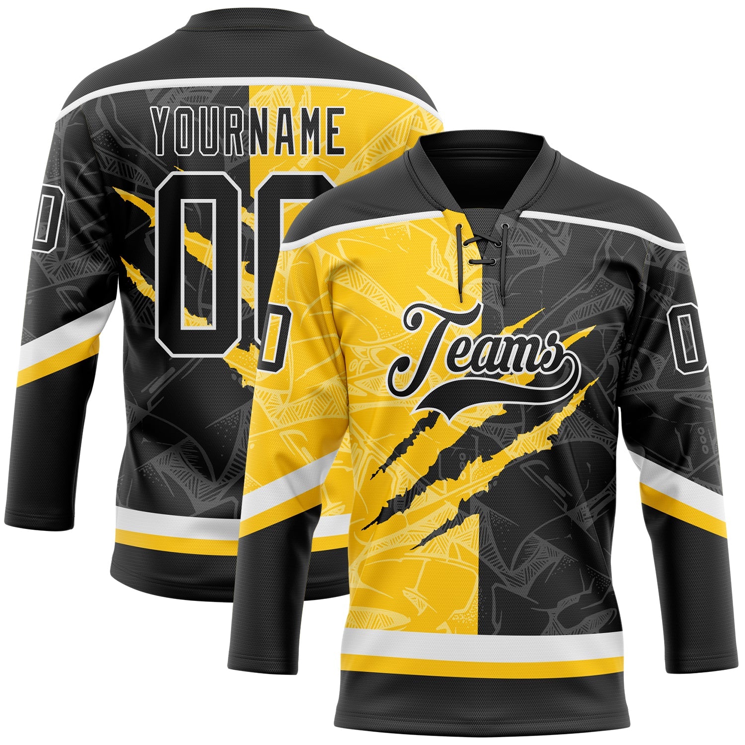 Custom Black Yellow-White 3D Pattern Gradient Fashion Scratch Hockey Lace Neck Jersey - Main View