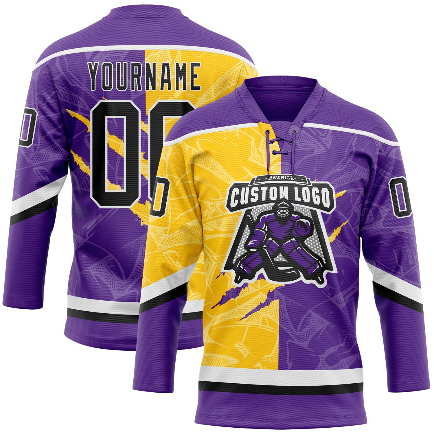 Custom Purple Black Yellow-White 3D Pattern Gradient Fashion Scratch Hockey Lace Neck Jersey view 2