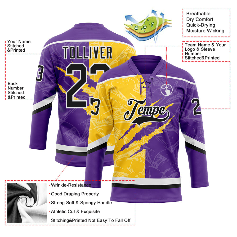 Custom Purple Black Yellow-White 3D Pattern Gradient Fashion Scratch Hockey Lace Neck Jersey view 3