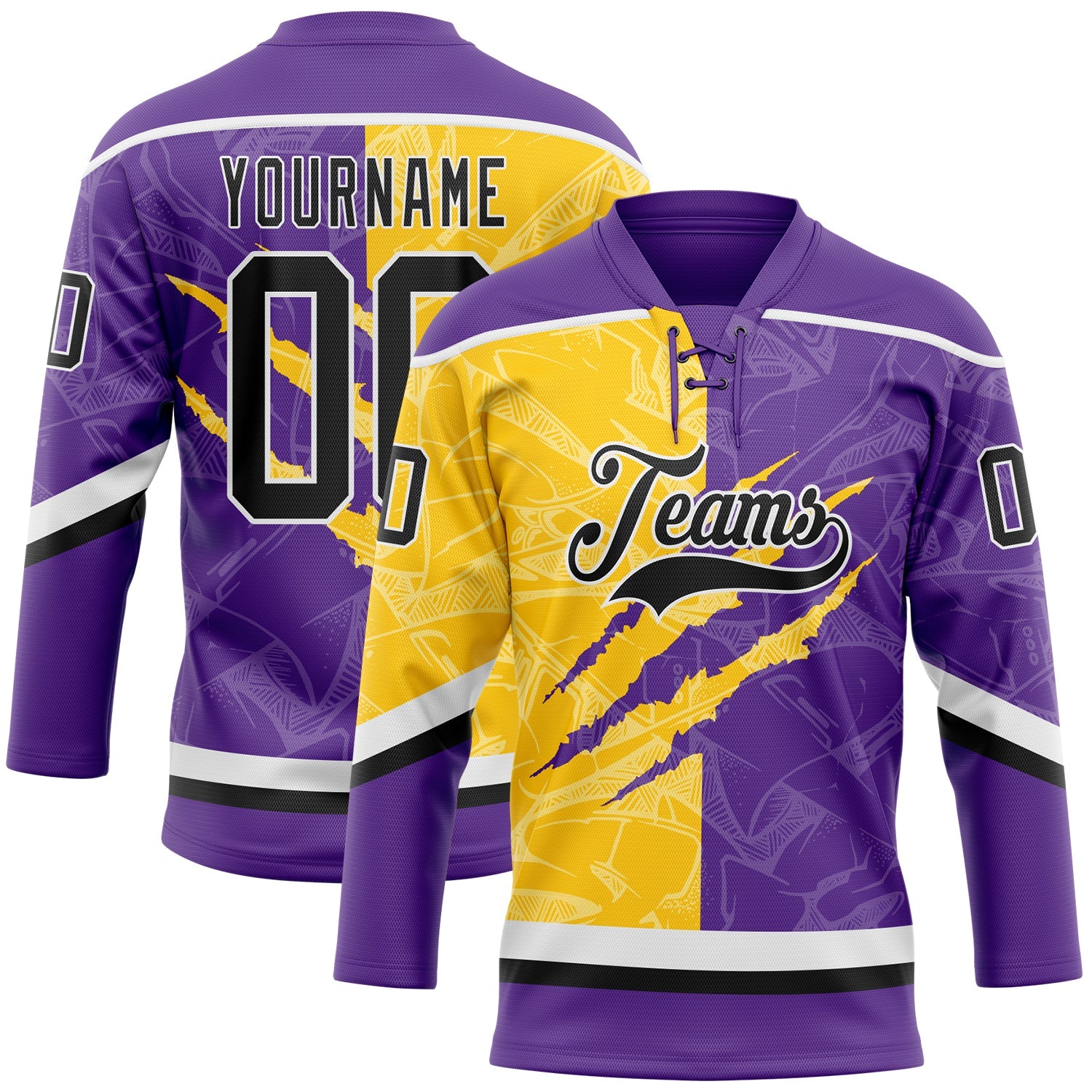 Custom Purple Black Yellow-White 3D Pattern Gradient Fashion Scratch Hockey Lace Neck Jersey - Main View