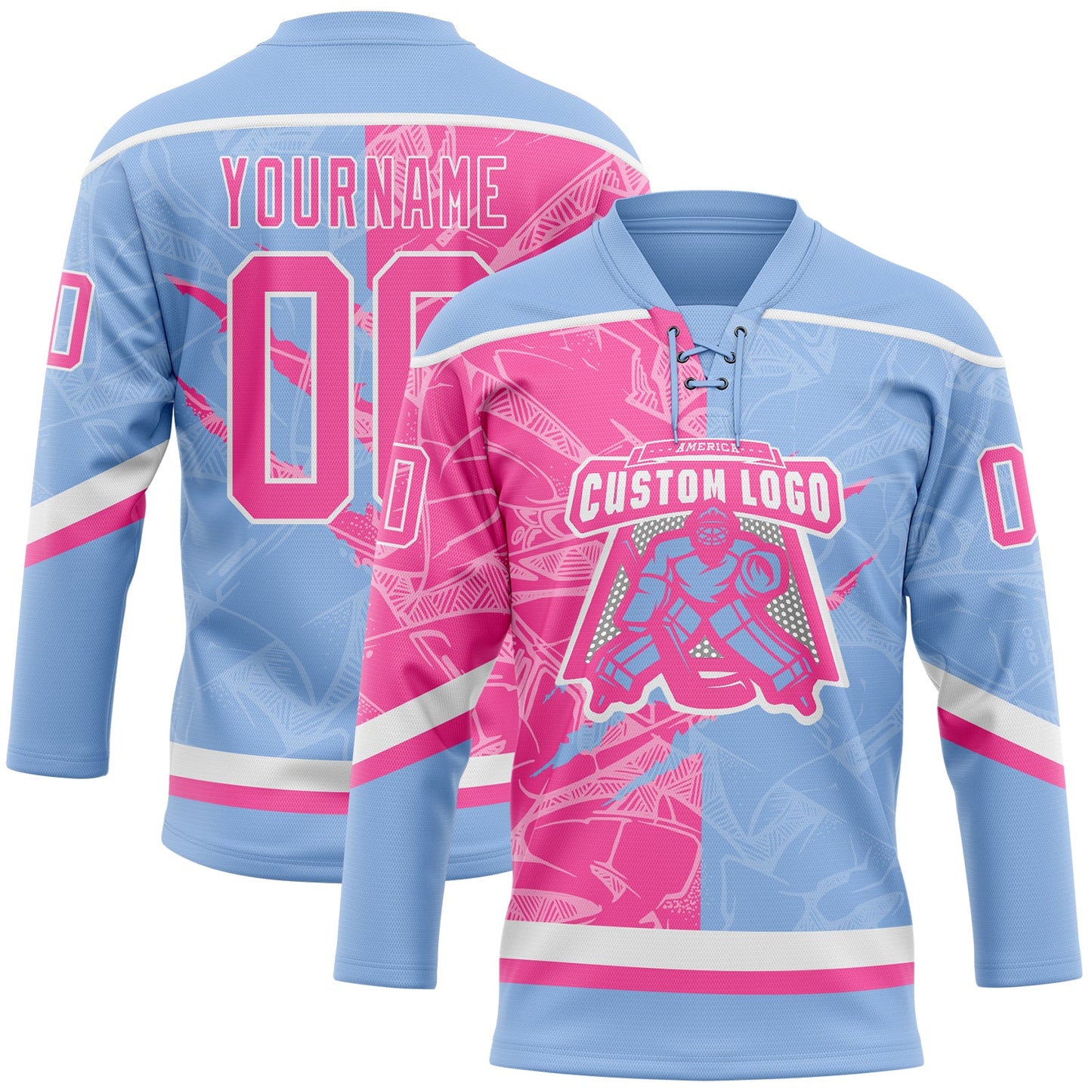 Custom Light Blue Pink-White 3D Pattern Gradient Fashion Scratch Hockey Lace Neck Jersey view 2