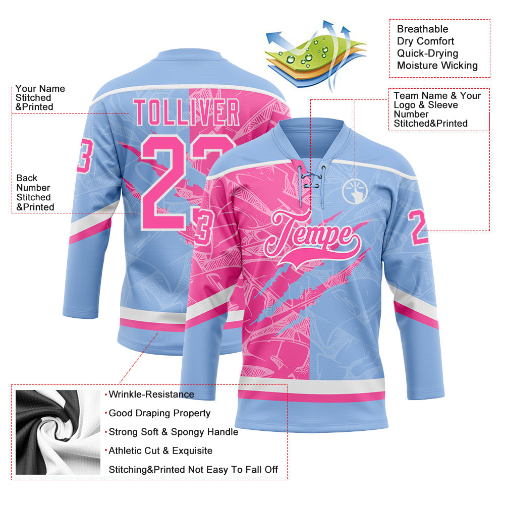 Custom Light Blue Pink-White 3D Pattern Gradient Fashion Scratch Hockey Lace Neck Jersey view 3