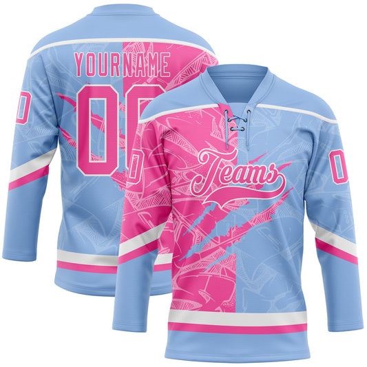 Custom Light Blue Pink-White 3D Pattern Gradient Fashion Scratch Hockey Lace Neck Jersey - Main View