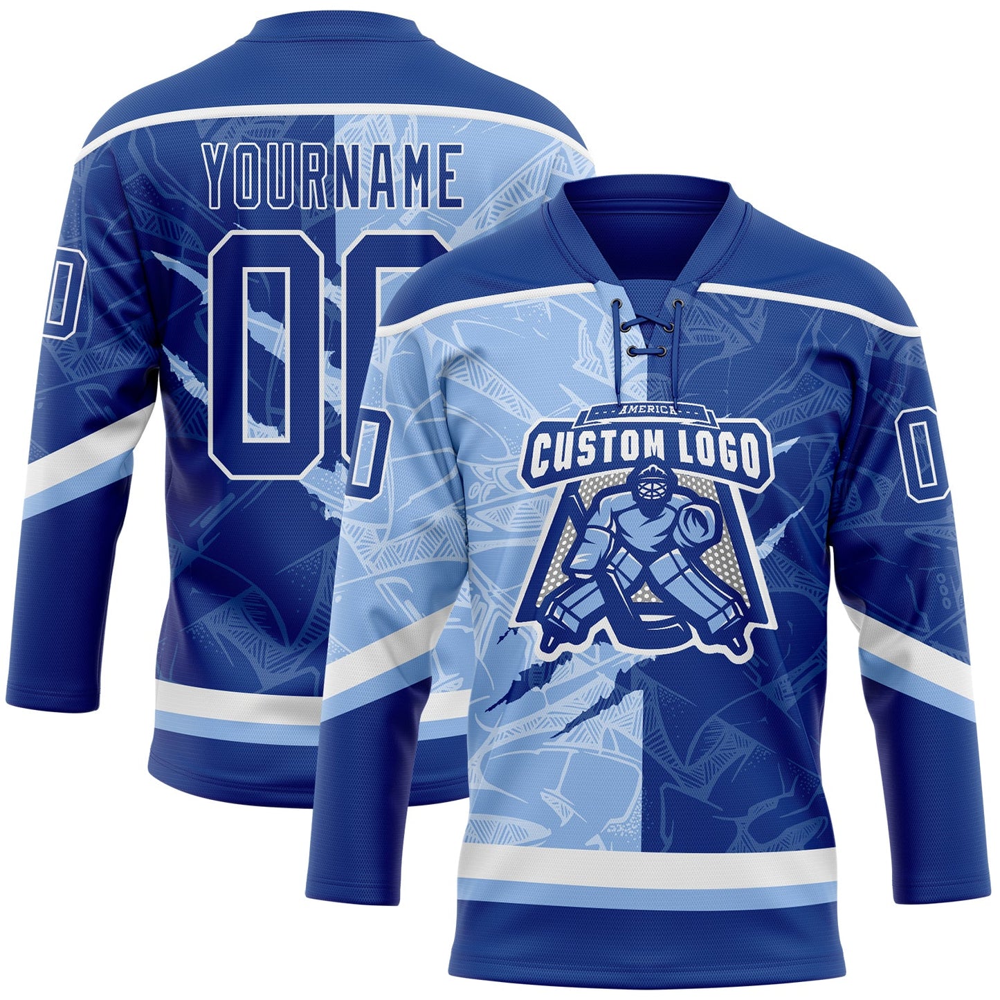 Custom Royal Light Blue-White 3D Pattern Gradient Fashion Scratch Hockey Lace Neck Jersey view 2