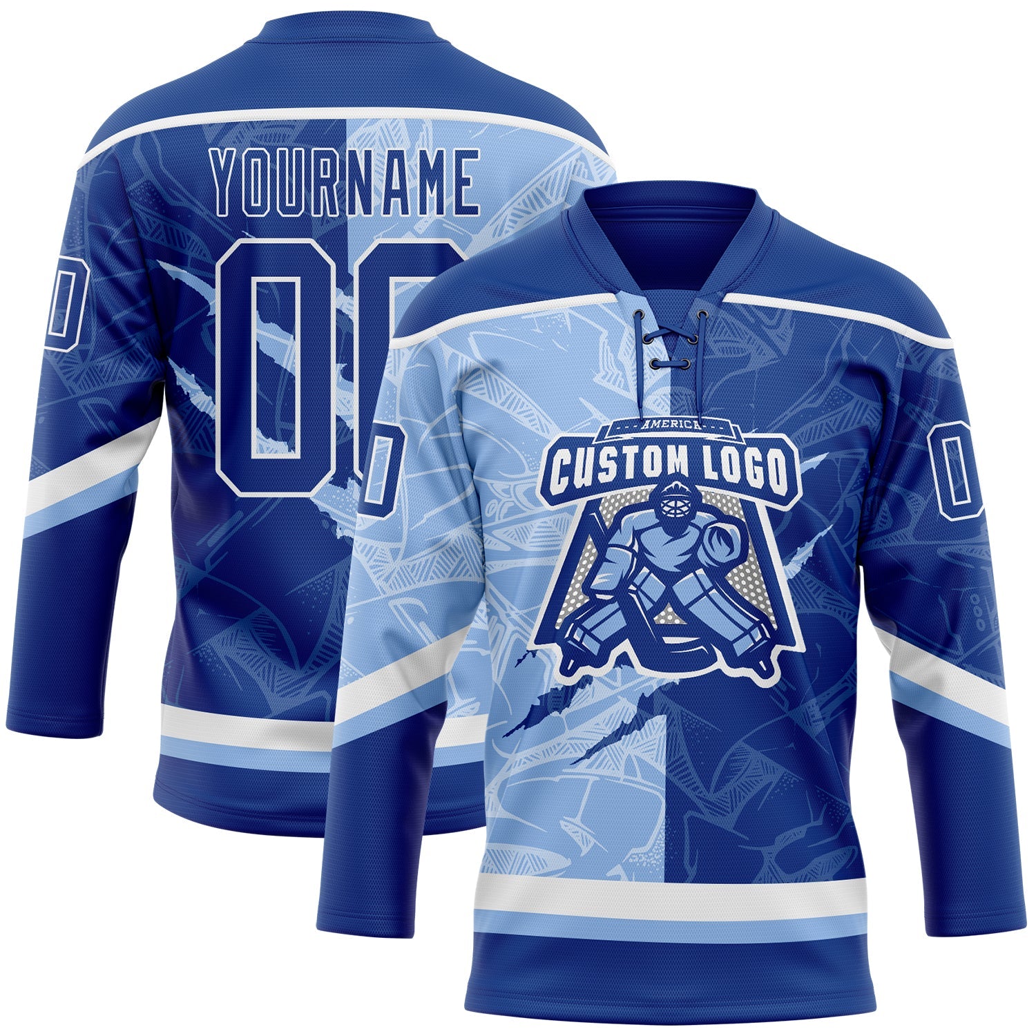 Custom Royal Light Blue-White 3D Pattern Gradient Fashion Scratch Hockey Lace Neck Jersey view 2