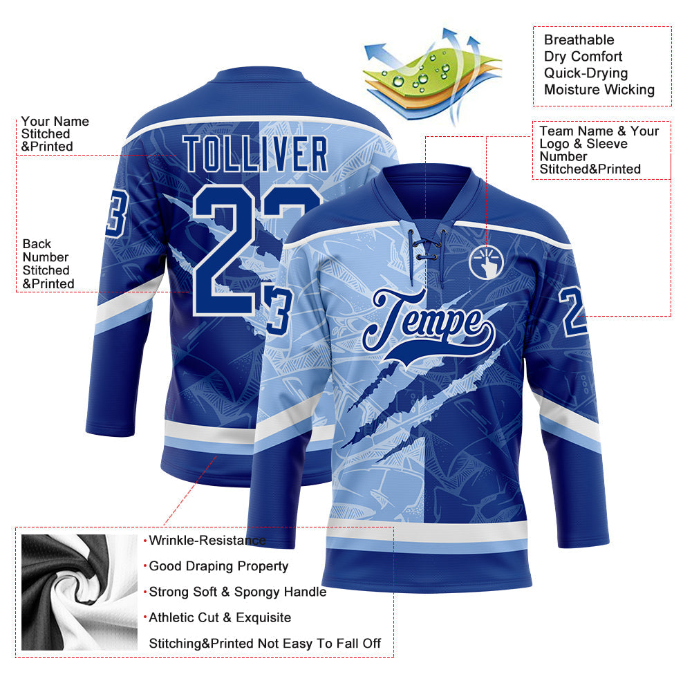 Custom Royal Light Blue-White 3D Pattern Gradient Fashion Scratch Hockey Lace Neck Jersey view 3