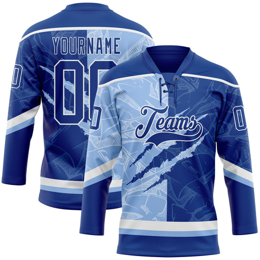 Custom Royal Light Blue-White 3D Pattern Gradient Fashion Scratch Hockey Lace Neck Jersey - Main View