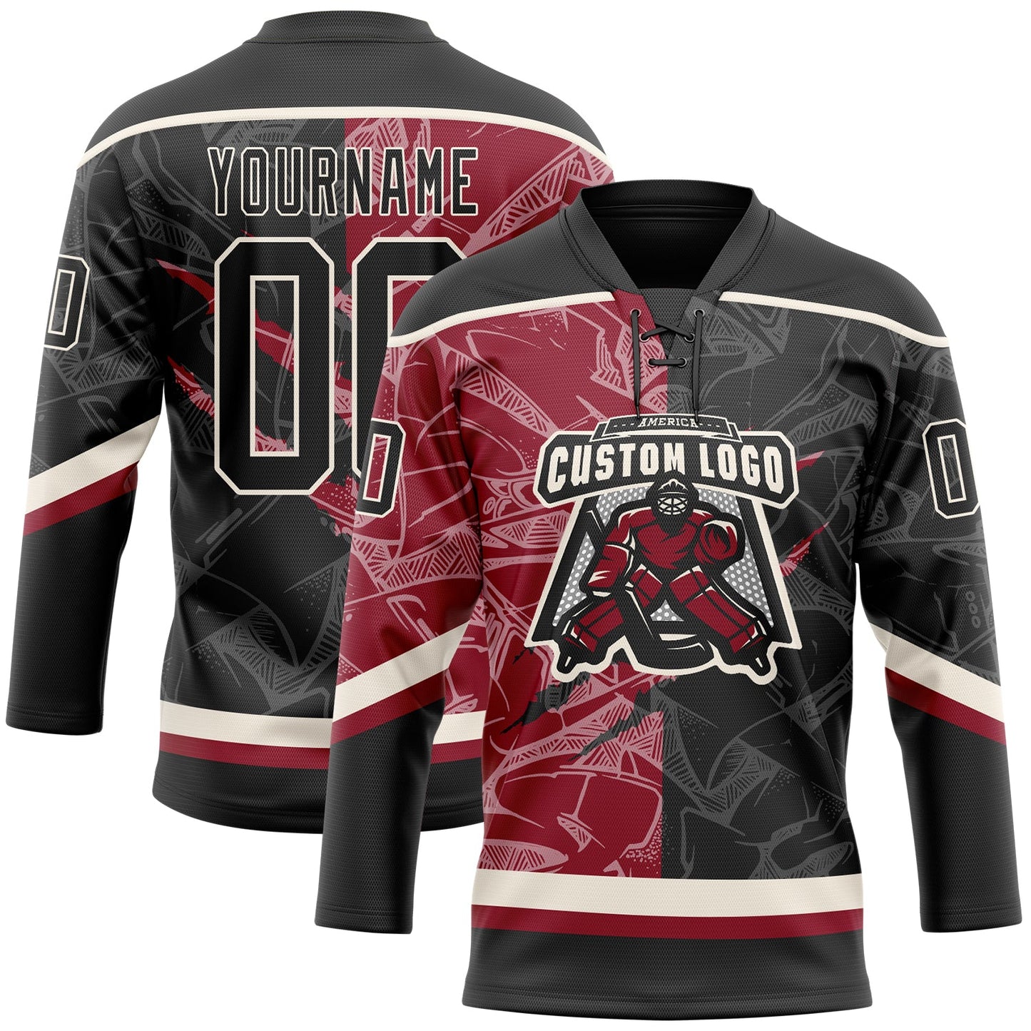 Custom Black Crimson-Cream 3D Pattern Gradient Fashion Scratch Hockey Lace Neck Jersey view 2