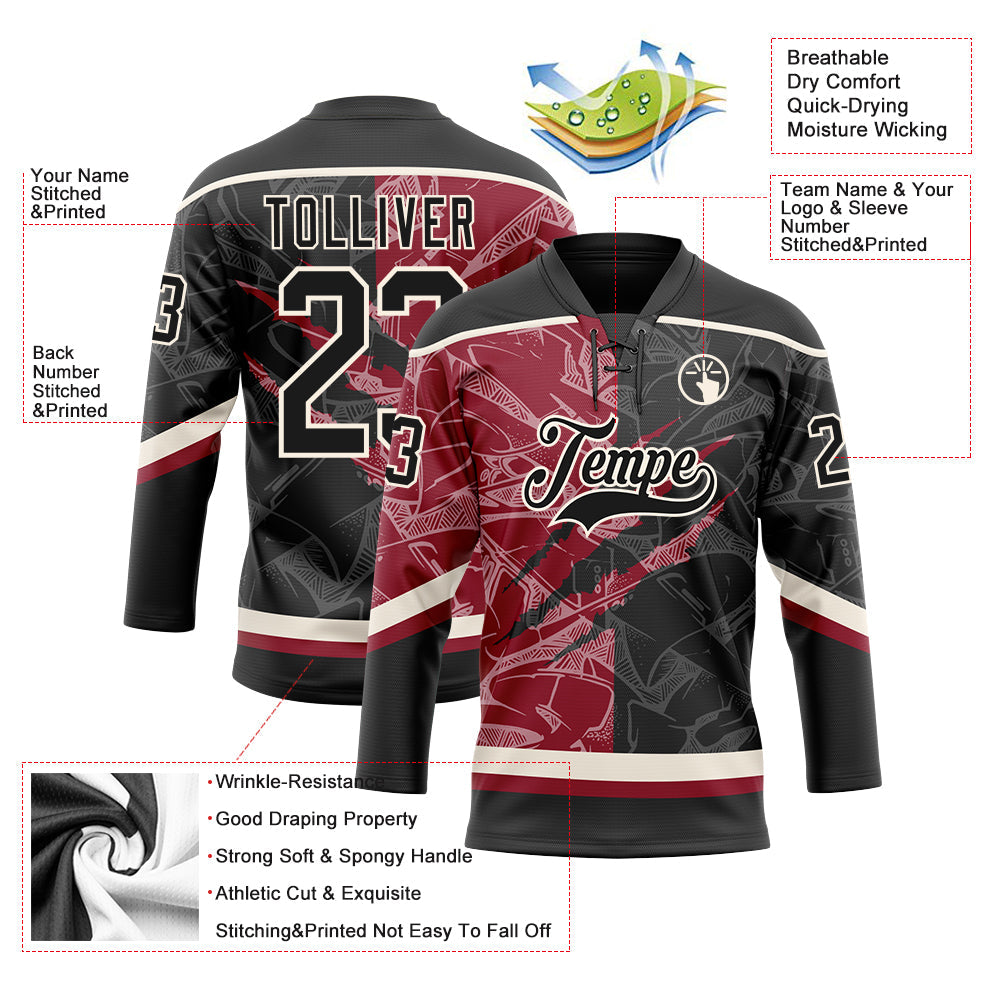 Custom Black Crimson-Cream 3D Pattern Gradient Fashion Scratch Hockey Lace Neck Jersey view 3