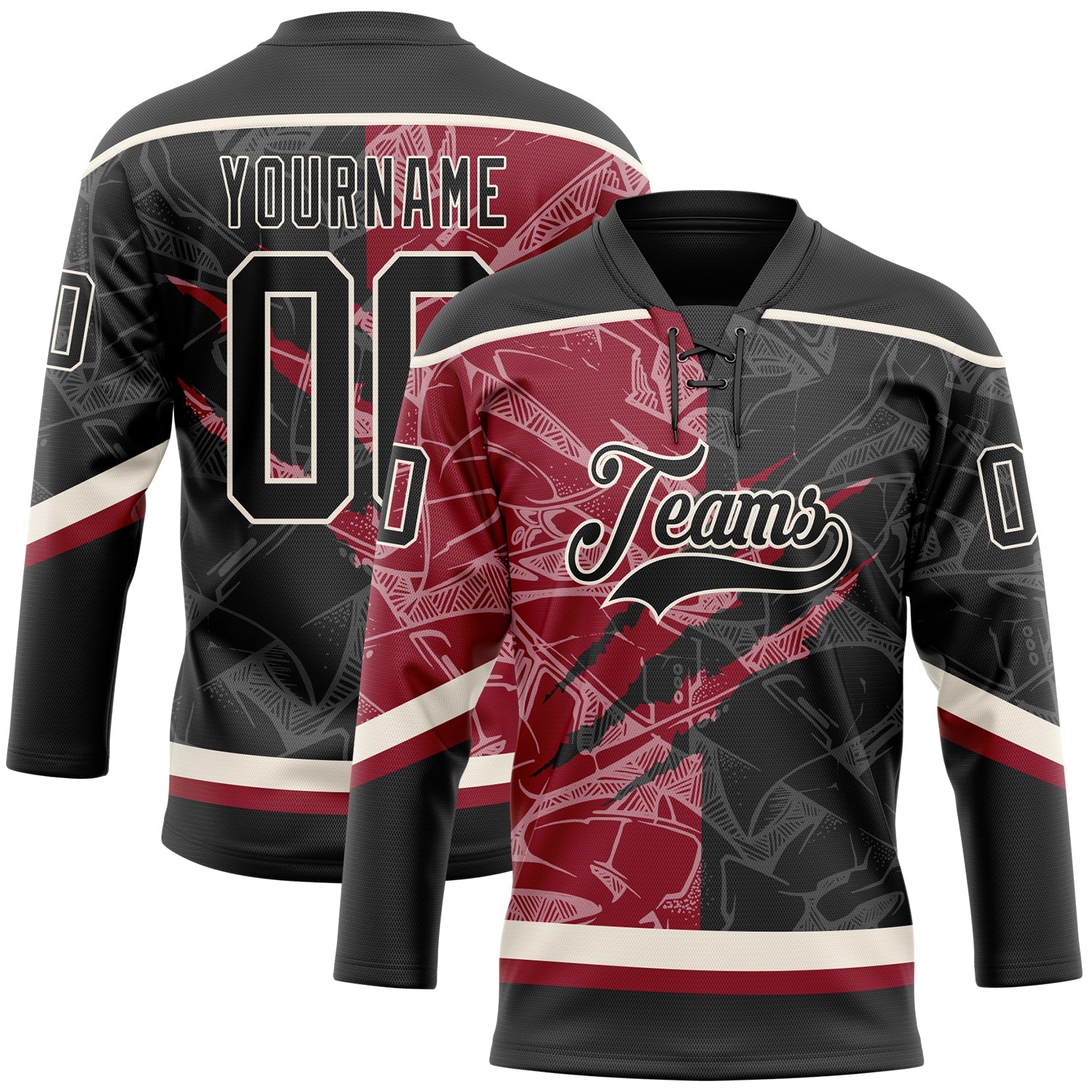 Custom Black Crimson-Cream 3D Pattern Gradient Fashion Scratch Hockey Lace Neck Jersey - Main View