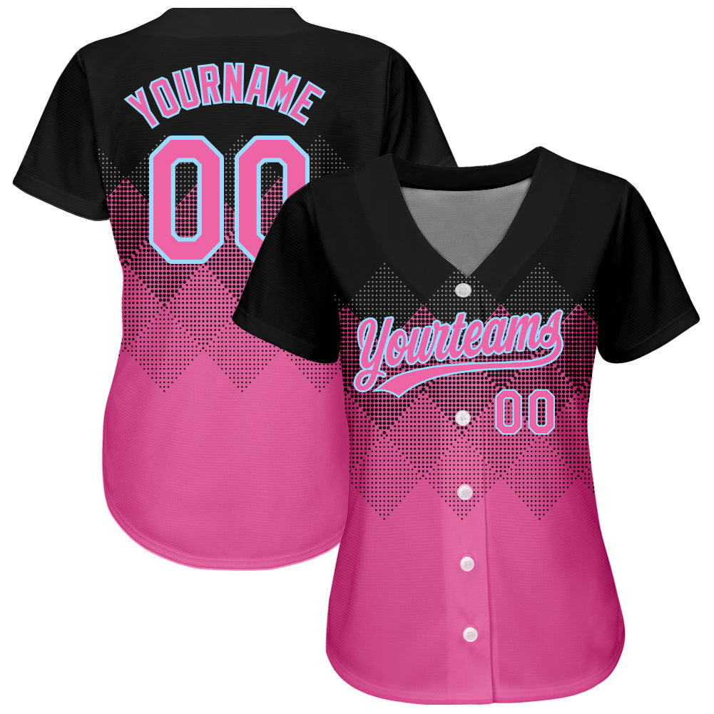 Custom Black Pink-Light Blue 3D Pattern Design Authentic Baseball Jersey view 2
