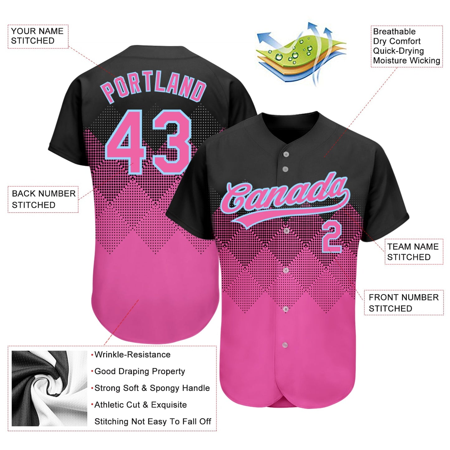 Custom Black Pink-Light Blue 3D Pattern Design Authentic Baseball Jersey view 3
