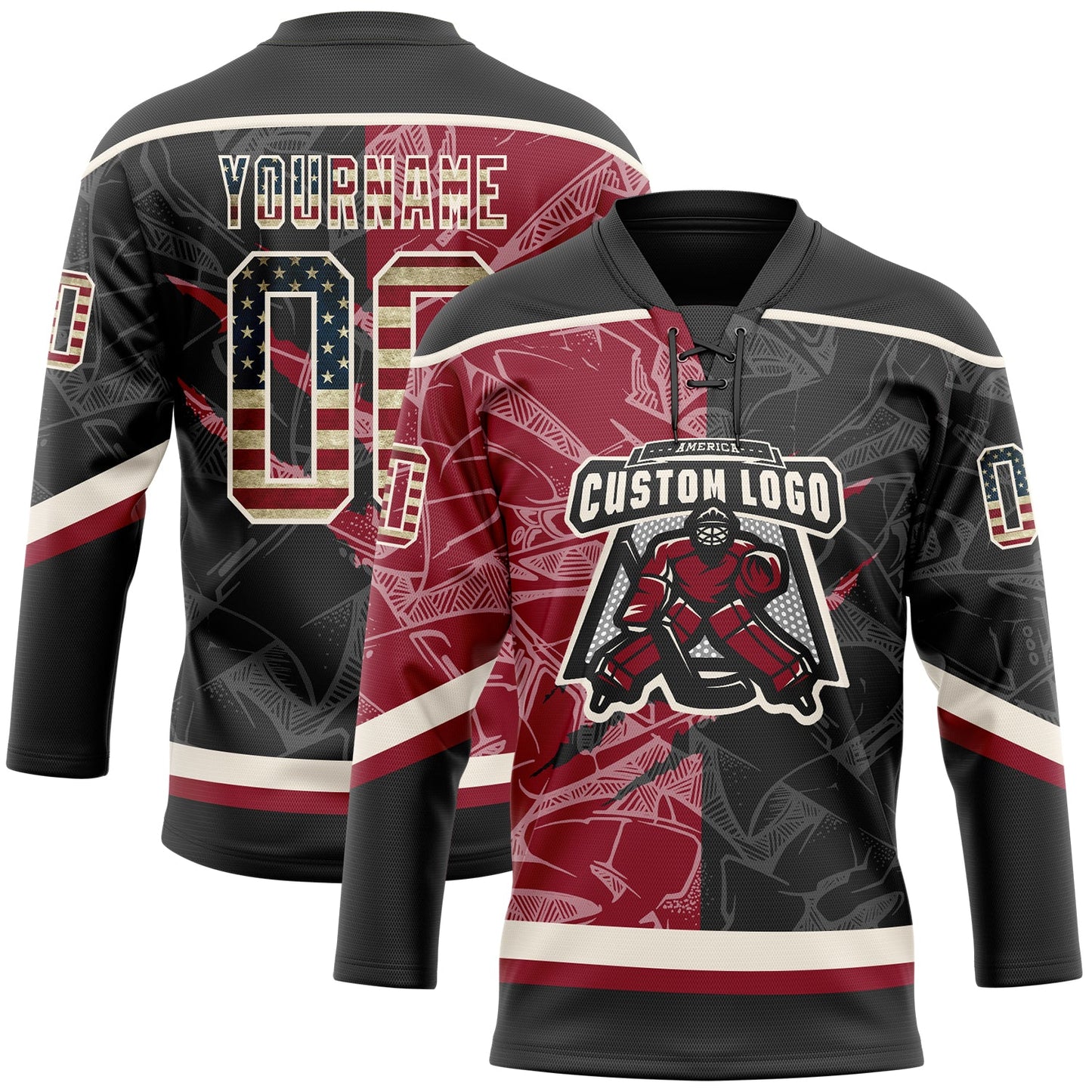 Custom Black Vintage USA Flag Crimson-Cream 3D Pattern Gradient Fashion Scratch Hockey Lace Neck Jersey view 2