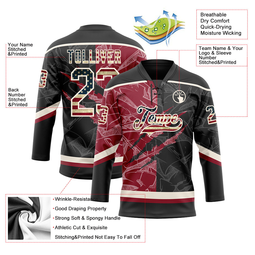 Custom Black Vintage USA Flag Crimson-Cream 3D Pattern Gradient Fashion Scratch Hockey Lace Neck Jersey view 3