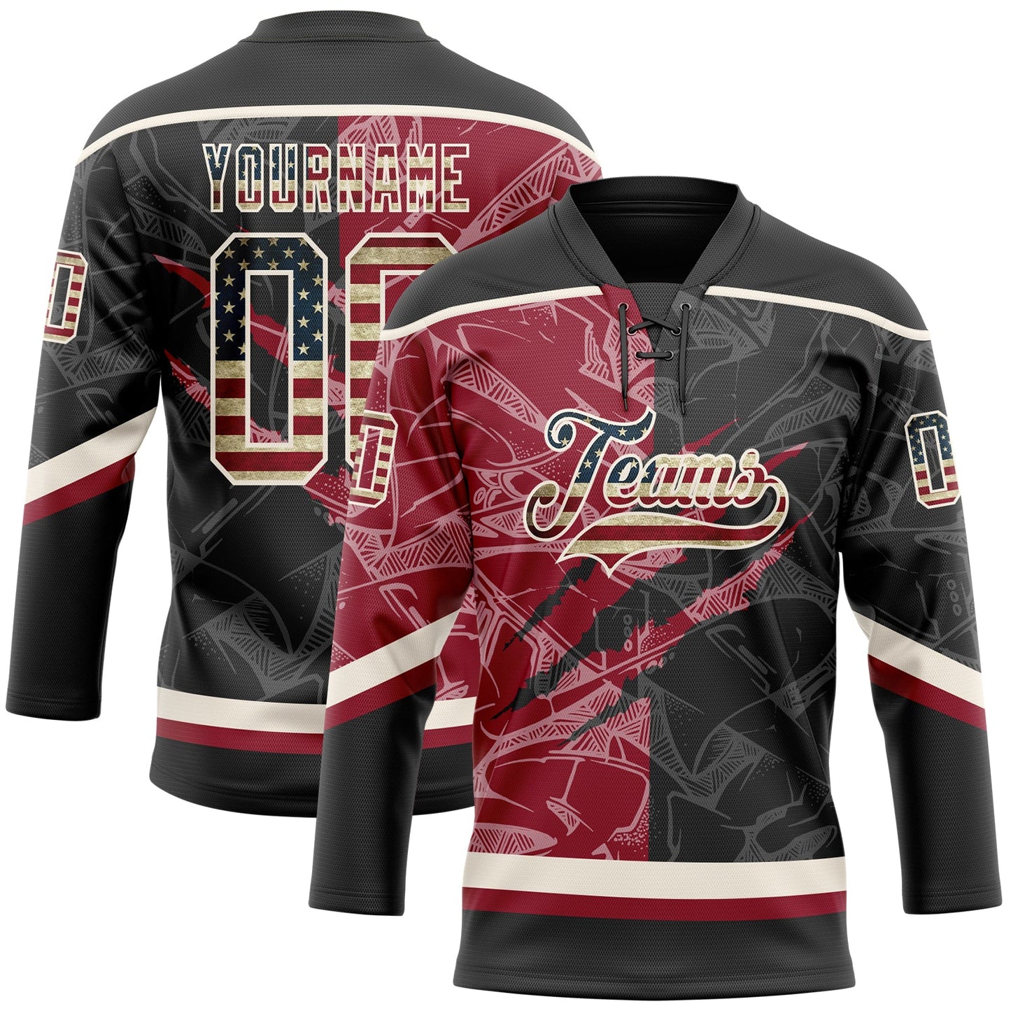 Custom Black Vintage USA Flag Crimson-Cream 3D Pattern Gradient Fashion Scratch Hockey Lace Neck Jersey - Main View