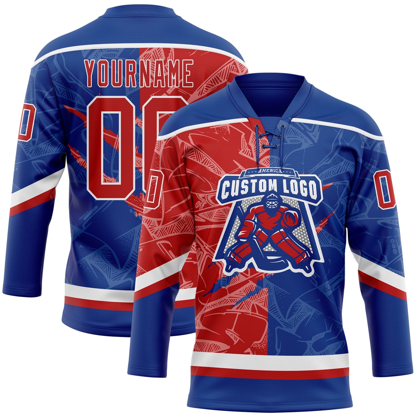 Custom Royal Red-White 3D Pattern Gradient Fashion Scratch Hockey Lace Neck Jersey view 2