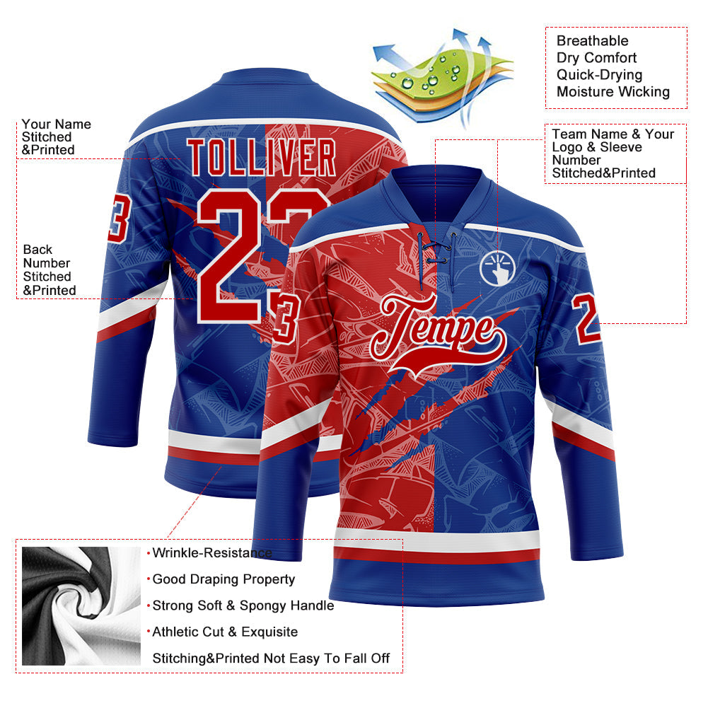 Custom Royal Red-White 3D Pattern Gradient Fashion Scratch Hockey Lace Neck Jersey view 3