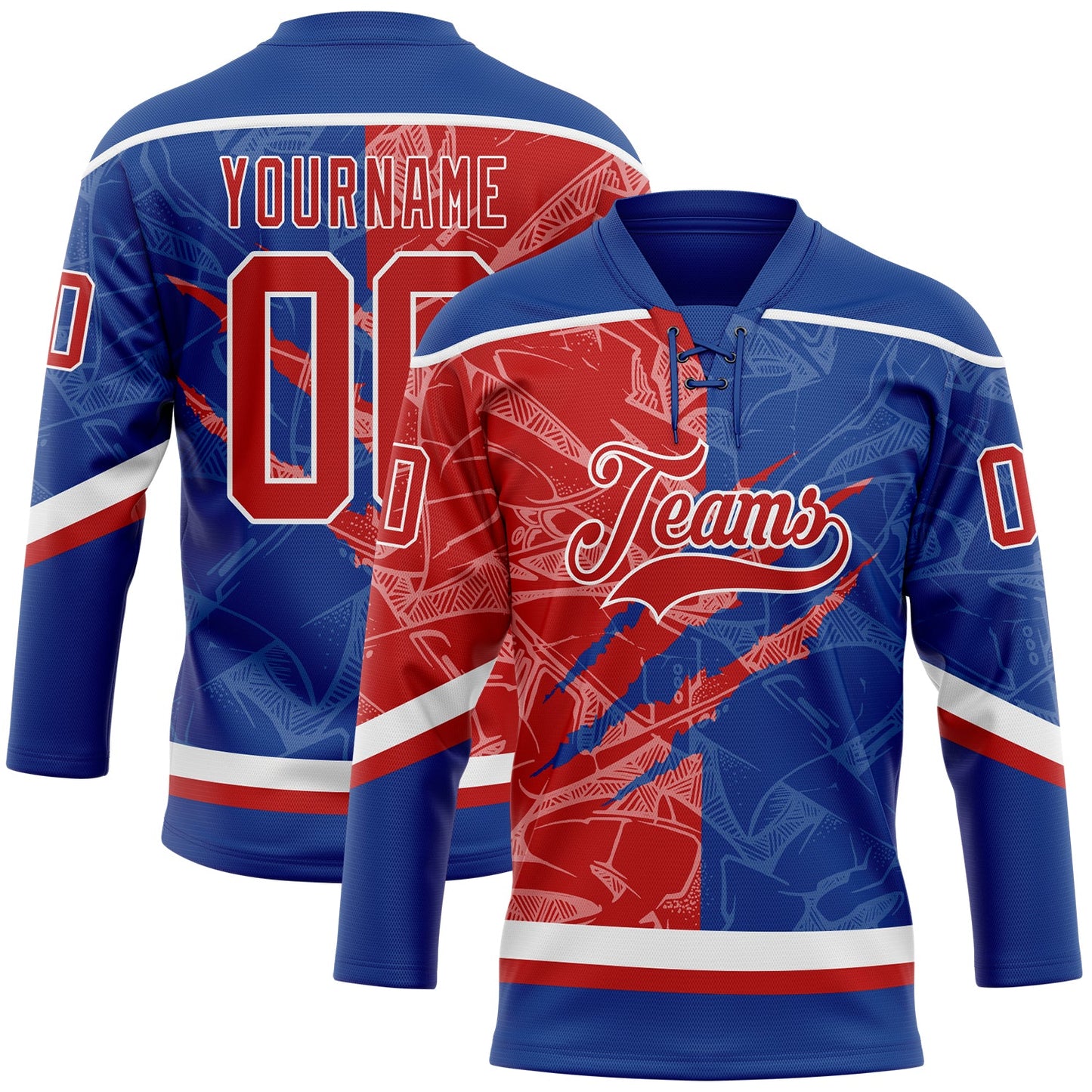 Custom Royal Red-White 3D Pattern Gradient Fashion Scratch Hockey Lace Neck Jersey - Main View