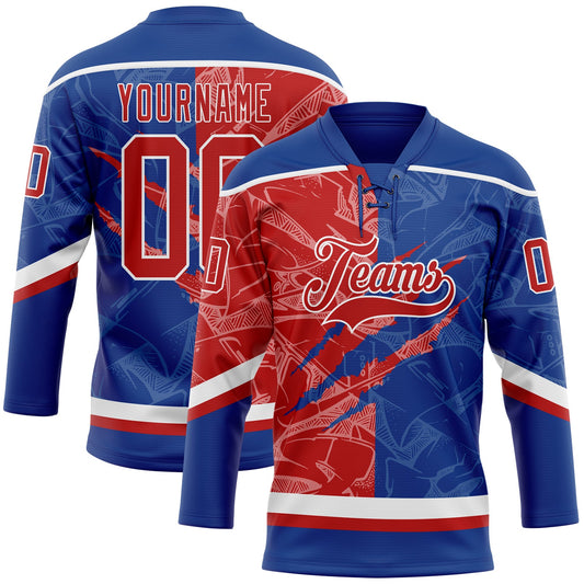 Custom Royal Red-White 3D Pattern Gradient Fashion Scratch Hockey Lace Neck Jersey - Main View