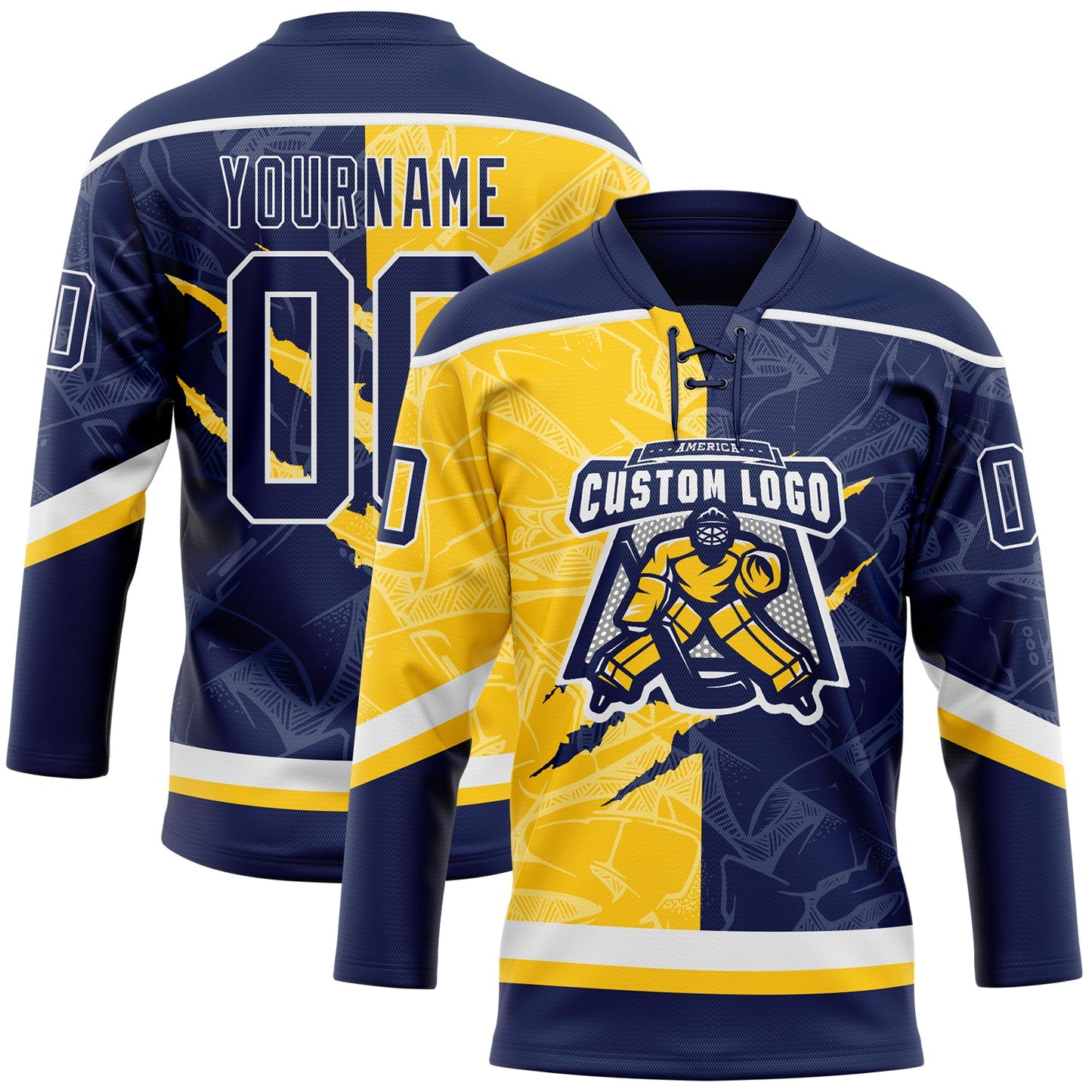 Custom Navy Yellow-White 3D Pattern Gradient Fashion Scratch Hockey Lace Neck Jersey view 2