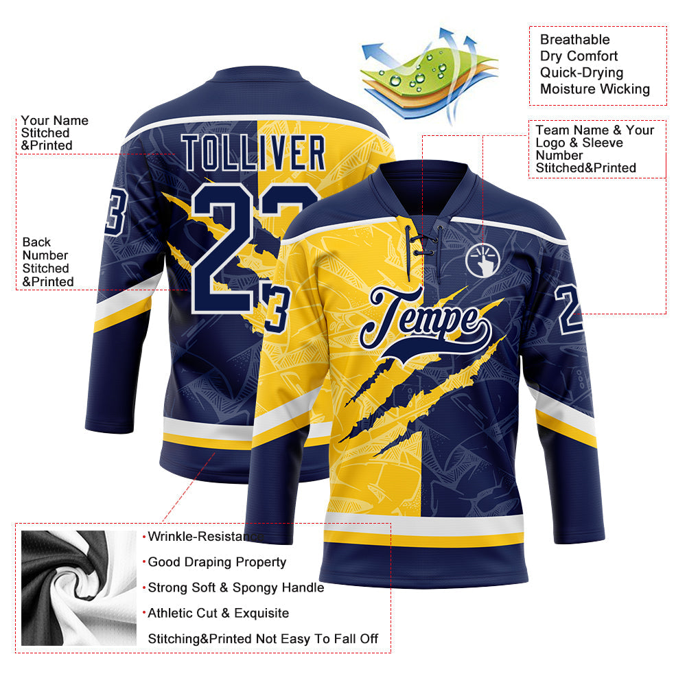 Custom Navy Yellow-White 3D Pattern Gradient Fashion Scratch Hockey Lace Neck Jersey view 3
