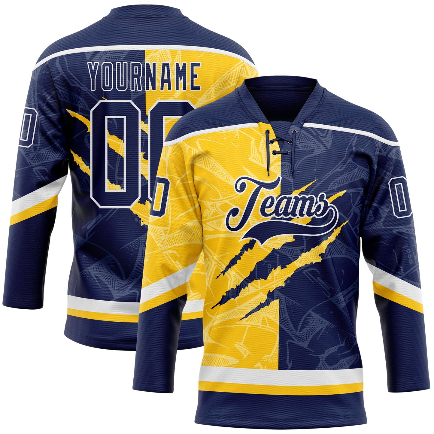 Custom Navy Yellow-White 3D Pattern Gradient Fashion Scratch Hockey Lace Neck Jersey - Main View