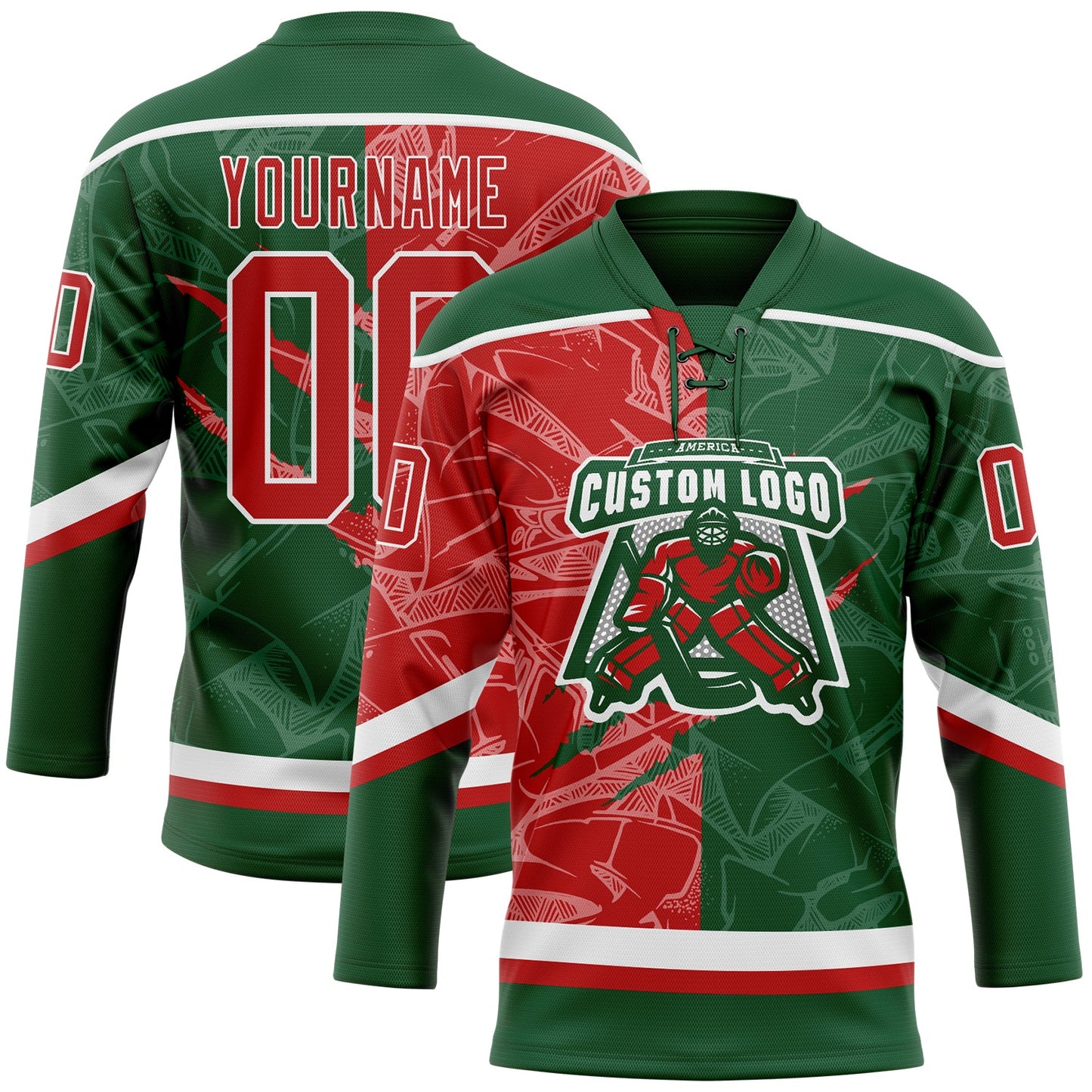 Custom Green Red-White 3D Pattern Gradient Fashion Scratch Hockey Lace Neck Jersey view 2
