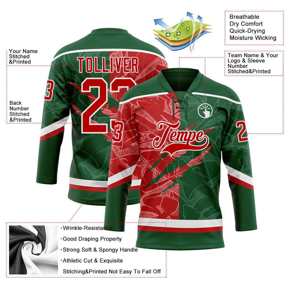 Custom Green Red-White 3D Pattern Gradient Fashion Scratch Hockey Lace Neck Jersey view 3