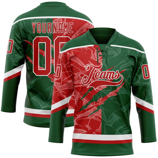 Custom Green Red-White 3D Pattern Gradient Fashion Scratch Hockey Lace Neck Jersey - Main View