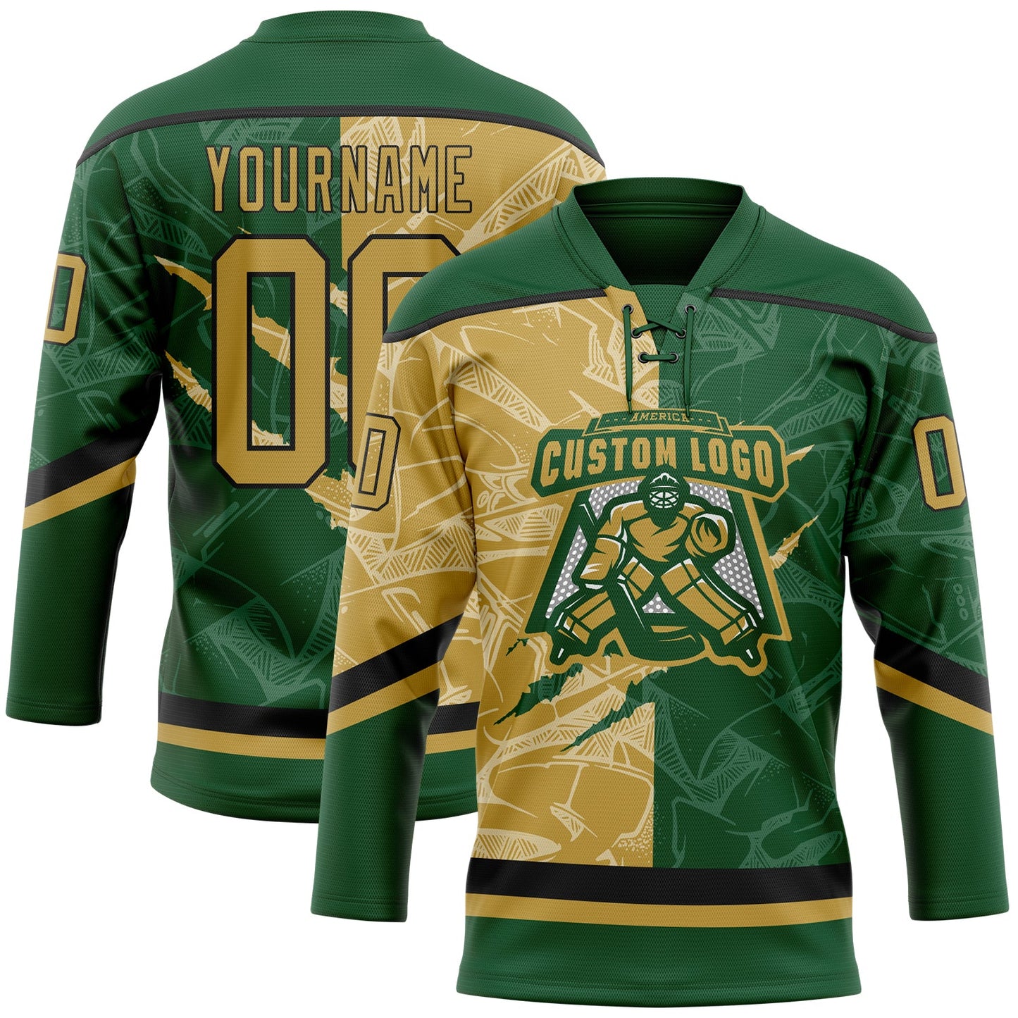 Custom Green Old Gold-Black 3D Pattern Gradient Fashion Scratch Hockey Lace Neck Jersey view 2