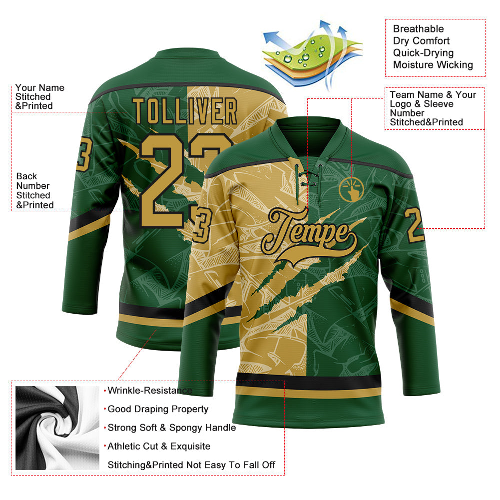 Custom Green Old Gold-Black 3D Pattern Gradient Fashion Scratch Hockey Lace Neck Jersey view 3
