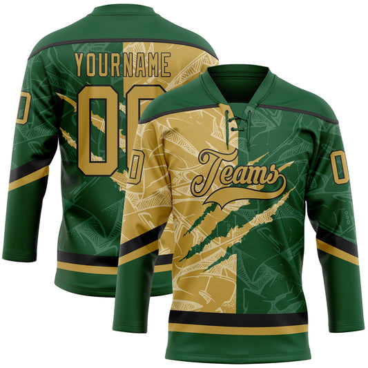 Custom Green Old Gold-Black 3D Pattern Gradient Fashion Scratch Hockey Lace Neck Jersey - Main View