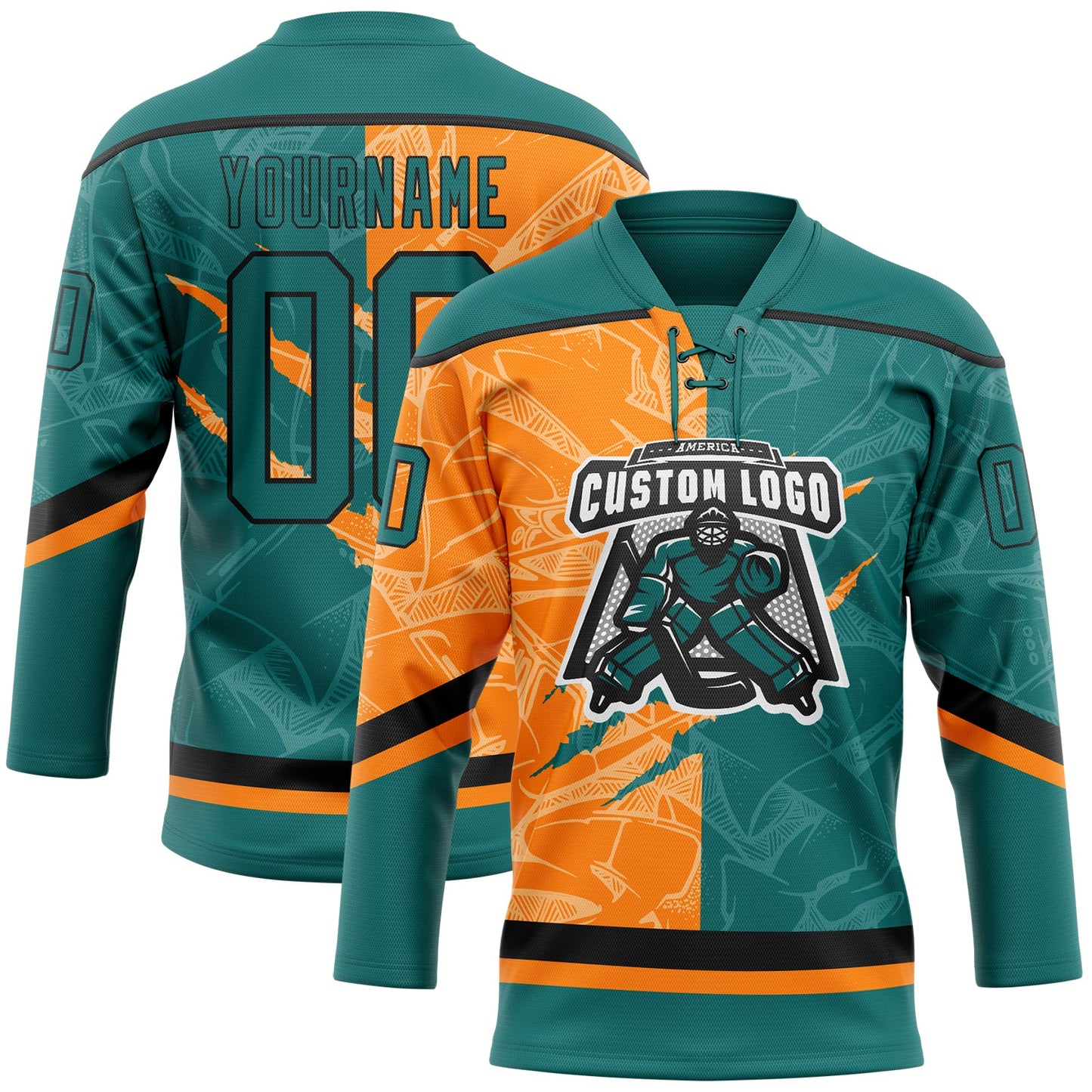 Custom Teal Bay Orange-Black 3D Pattern Gradient Fashion Scratch Hockey Lace Neck Jersey view 2