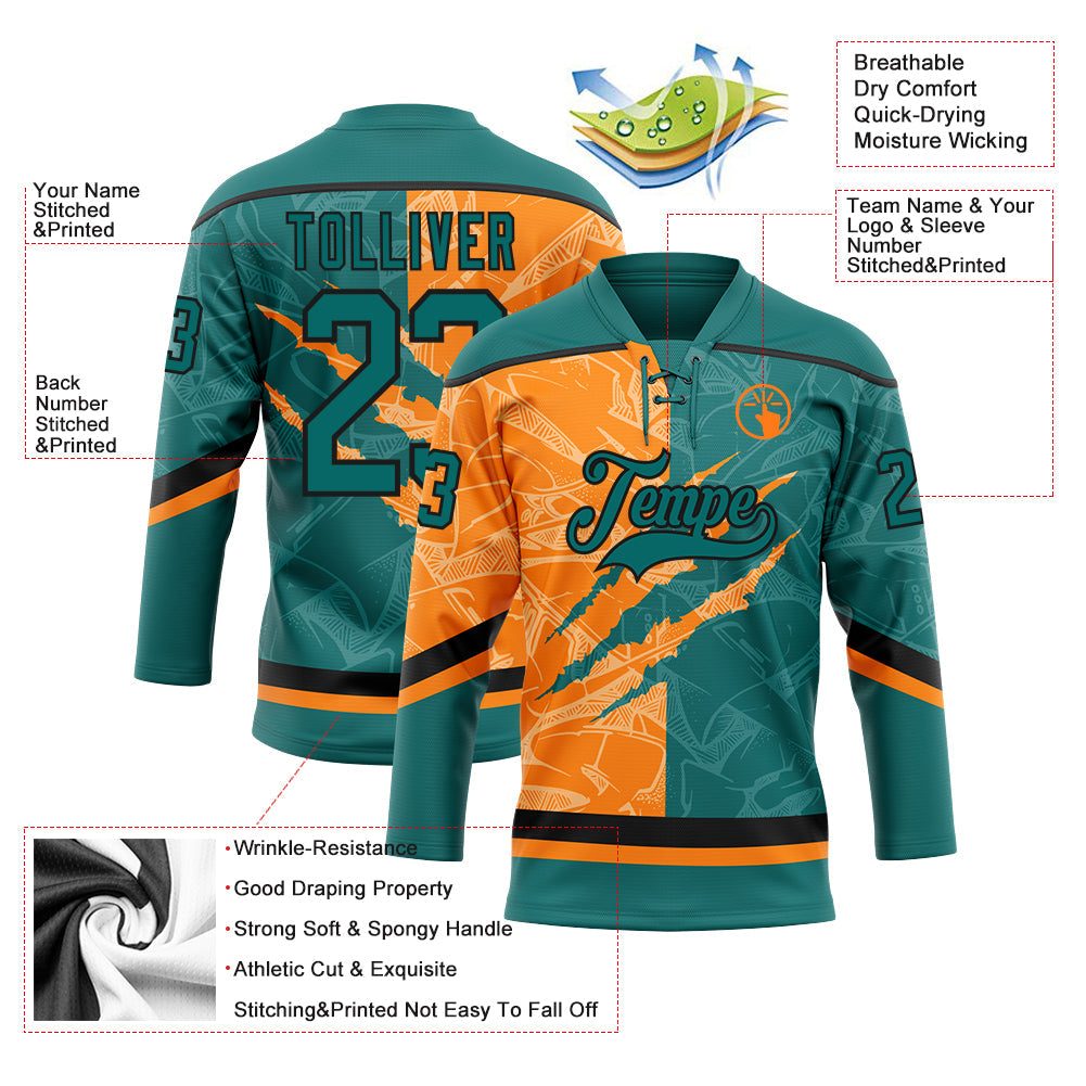 Custom Teal Bay Orange-Black 3D Pattern Gradient Fashion Scratch Hockey Lace Neck Jersey view 3