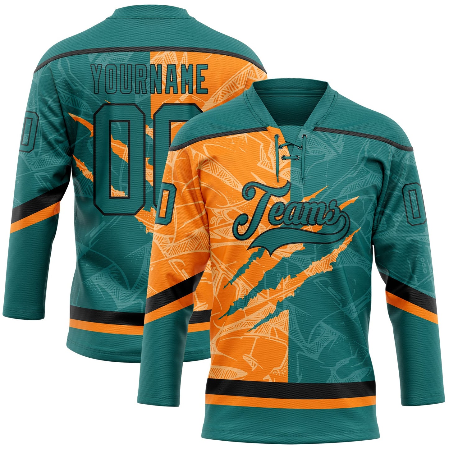 Custom Teal Bay Orange-Black 3D Pattern Gradient Fashion Scratch Hockey Lace Neck Jersey - Main View